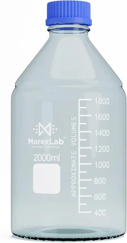Vista 8 de Botellas de vidrio de borosilicato - 2 botellas redondas de almacenamiento de medios - 8.5 fl oz con tapa de rosca azul GL45
