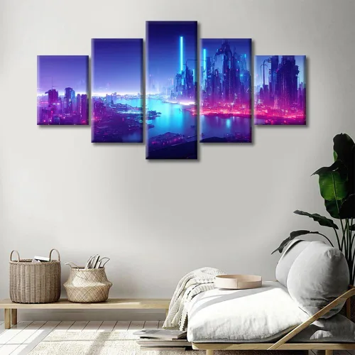 Vista 398 de Cuadros de 5 paneles de Cyberpunk City, arte de pared, representación de vallas publicitarias, edificios modernos en la capital con obras de arte