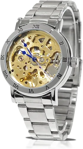 Vista 9 de Gute IK - Reloj automático para mujer, Steampunk con cuerda automática, pulsera plateada mecánica