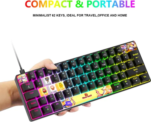 Vista 3 de 60% Mini teclado para juegos con 9 teclas PBT de sublimación de tintes, interruptor rojo, 62 teclas compactas, 18 LED Chroma retroiluminado, teclado
