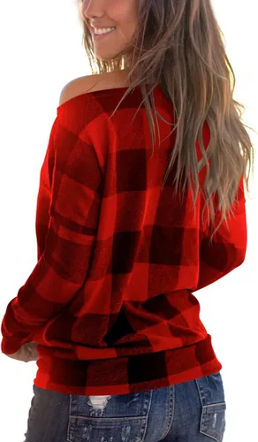 Vista 3 de Deqiang blusa holgada informal de manga larga, con hombros descubiertos para mujer, a cuadros.