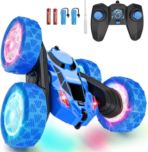 Vista 22 de Hamdol Auto de control remoto para niños, auto de acrobacias RC giratorio de 360°, vehículo eléctrico 4WD de doble cara con luces LED, autos de Azul