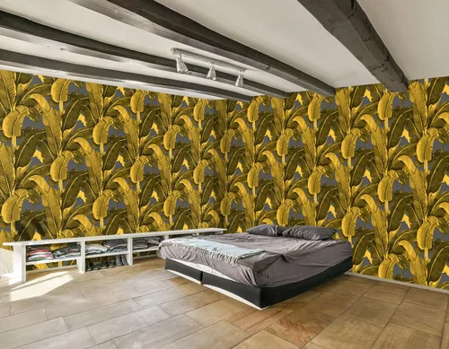 Vista 35 de Mural de hojas negras y doradas para dormitorio, papel tapiz botánico tropical, decoración de plantas, sala de estar, fondo de televisión, mural