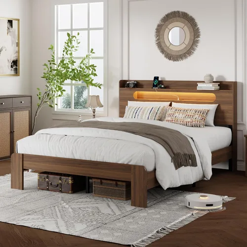 Vista 10 de Base de cama tamaño matrimonial con cabecera de almacenamiento, base de cama de plataforma con estación de carga y luces LED, listones de madera