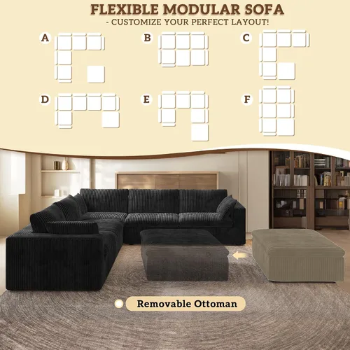 Vista 5 de 118" Cloud Couch Oversized Modular Sectional Sofa, Boneless L-Shaped 6 Seater Deep Seat Couch with Ottoman, Soft Corduroy Upholstery, DIY Negro