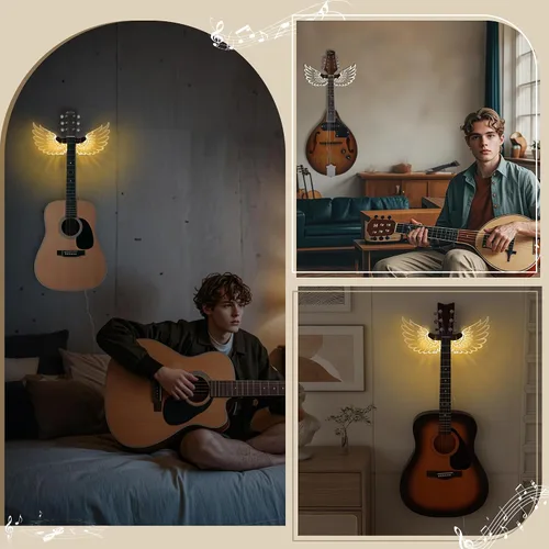 Vista 4 de CoolGift Mart Soporte de Pared para Guitarra con Alas de Ángel Luminosas, Colgador de Guitarra de Madera Acrílica con Alimentación USB