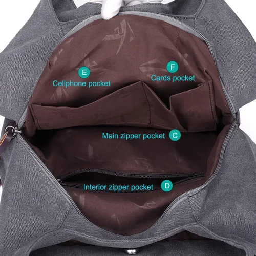 Vista 4 de DOURR Bolso de hombro con múltiples bolsillos para mujer, bolso de lona de algodón de moda