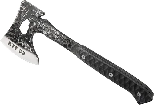 Vista 4 de ROUTE83 - Cuchillos martillados a mano con hacha táctica de hacha Tomahawk chapada en titanio con funda Kydex