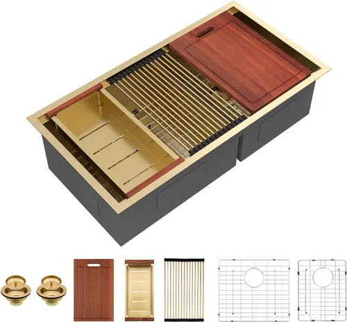Vista 29 de Sarlai Fregadero de Cocina Dorado Bajo Encimera de 33 Pulgadas Doble Tazón 33 x 19 Pulgadas Bajo Dividido Dorado Estación de Trabajo Fregadero Doble