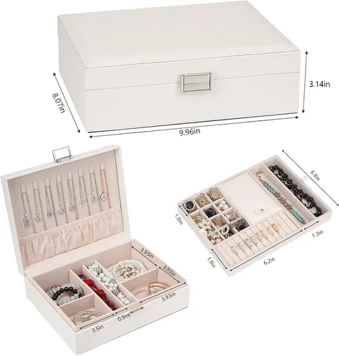 Vista 2 de Caja organizadora de joyas para niñas y mujeres, estuche de viaje grande de doble capa con caja de regalocolor blanco