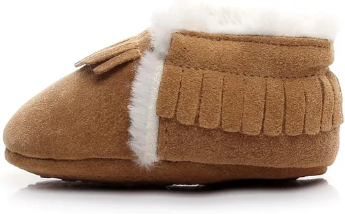 Vista 8 de HONGTEYA Mocasines de bebé con suela de goma de forro polar de piel, botas de nieve cálidas, zapatos de bebé de cuero para niños y niñas