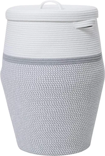 Vista 24 de Cesta alta de cuerda de algodón hecha a mano de 26"x20" con tapa, elegante forma de frasco con cubierta, cesto para ropa con tapa, para dormitorio