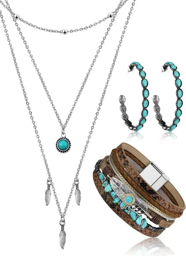 Vista 12 de 3 piezas de joyería boho occidental para mujer, conjunto de joyas de turquesa, aretes vintage, pulsera, collar bohemio occidental para mujer Negro
