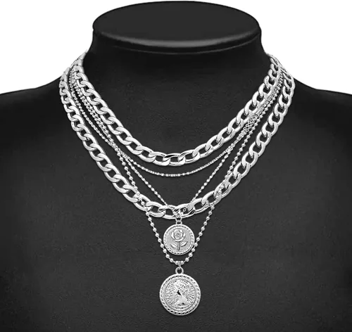 Vista 8 de MJartoria Collares de oro en capas para mujer, collar retro de moda con dije de moneda, collar de oro, cadena de eslabones gruesos, gargantilla