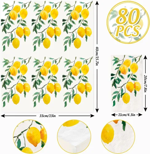 Vista 2 de 80 hojas de servilletas de limón para invitados, servilletas de papel de acuarela para cena, servilletas de mano desechables decorativas