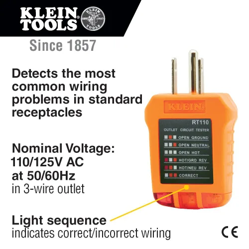 Vista 2 de Klein Tools RT110 - Probador de enchufes, probador de receptáculo eléctrico AC para enchufes norteamericanos