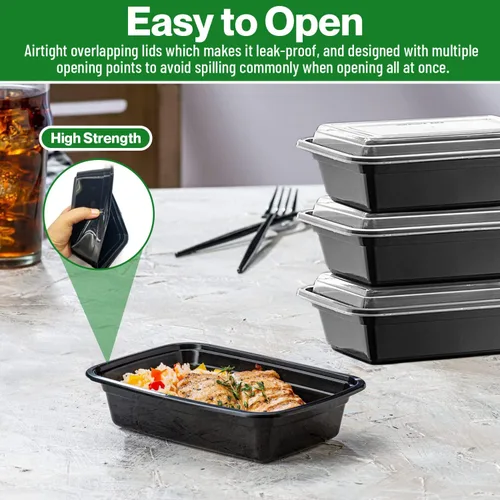 Vista 5 de Recipientes de alimentos con tapas, cajas Bento, recipientes de almacenamiento de alimentos (24 onzas, negro, 50 unidades, plástico)