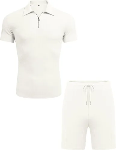Vista 4 de URRU Conjunto de camisa polo y pantalones cortos para hombre, trajes de verano casuales de manga corta para hombre, conjunto de 2 piezas