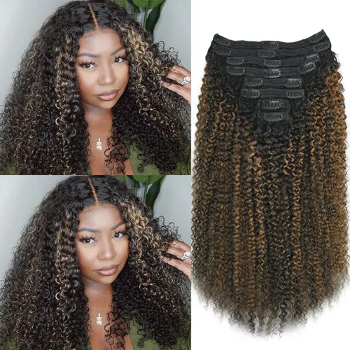 Vista 38 de Extensiones de cabello humano real rizado con clip, 4/27/4, ombré, rizado con clip, para mujer, 3C y 4A (12 pulgadas, #4/27/4)