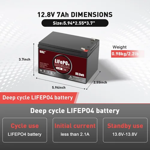 Vista 2 de UAZ Batería de ciclo profundo LiFePO4 de litio de 12 V 7 Ah, Power Wheels Smart 10A BMS 5000+ ciclos de carga rápida para silla de ruedas