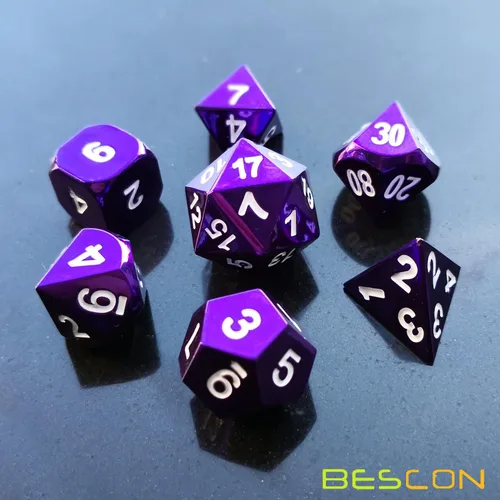 Vista 3 de Bescon 7pcs Set Heavy Duty Metal Dice Set Glossed Color of Purple, Colorful Solid Metallic Polyhedral D&D Dice Set Violet