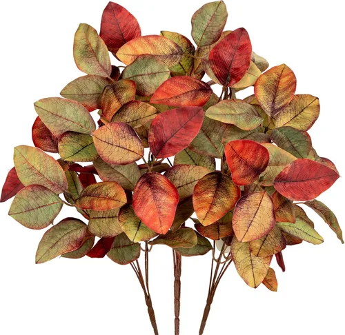 Vista 11 de Briful 3 piezas de hojas de otoño artificiales de magnolia arbustos de hojas de otoño de 15 pulgadas, color burdeos para florero, arreglo floral 3