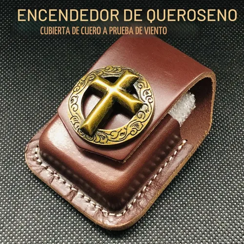 Vista 3 de Funda de cuero para encendedor, bolsa de cuero con tapa abatible, funda de soporte con trabilla para cinturón de bolsillo, hecha a mano