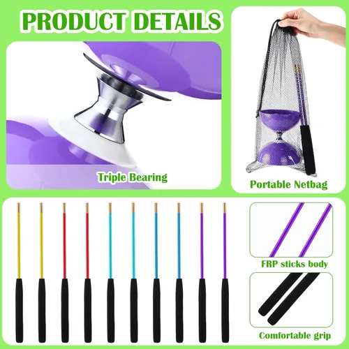 Vista 5 de Hungdao Juego de 5 diábolos chinos con triple rodamiento chino Yoyo de 5 pulgadas, varios colores, Diábolo Big Yoyo con palos de fibra de vidrio