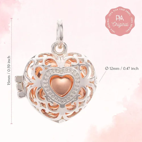 Vista 4 de PYA angel caller pendant"Heartsoldier" with sound ball made of 925 sterling silver Individual women's jewelry with heart pendant and color ball