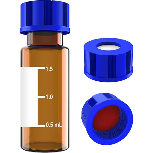 Vista 12 de Viales de muestreo automático de 0.1 fl oz, viales de muestra HPLC/GC, con área de escritura y graduaciones, tapón de rosca 9-425, PTFE azul