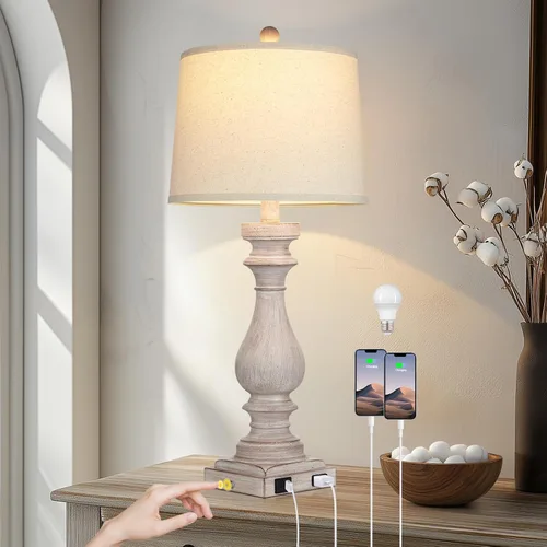 Vista 12 de Rinweey - Lámpara de mesa de granja de 29" para sala de estar, lámpara de mesita de noche vintage con puertos USB C+A y salida de AC, lámpara