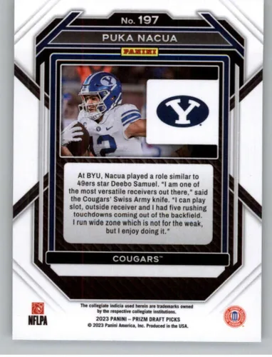 Vista 2 de 2023 Panini Prizm Draft Picks #197 Puka Nacua BYU Cougars RC Rookie Card Tarjeta oficial de fútbol americano de la NCAA en condición Raw (NM o mejor)