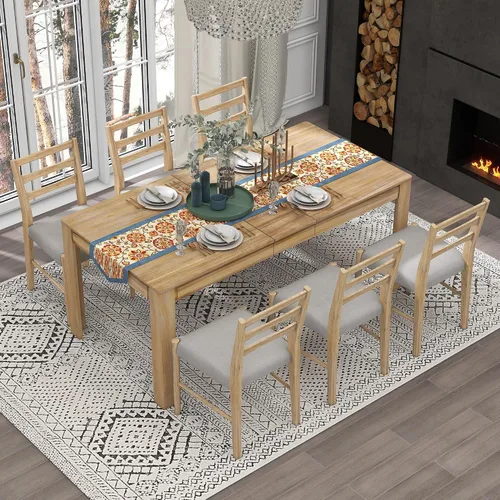 Vista 10 de Juego de comedor de madera de 7 piezas, mesa extensible multifuncional con hojas de 12 pulgadas y 2 cajones, más 6 cómodas sillas de comedor