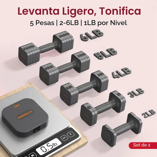 Vista 2 de FEIERDUN DB3 - Juego de mancuernas ajustables 5 en 1, 6 libras/10 libras, pesas ajustables para mujeres en casa, pesas de mano estables de doble