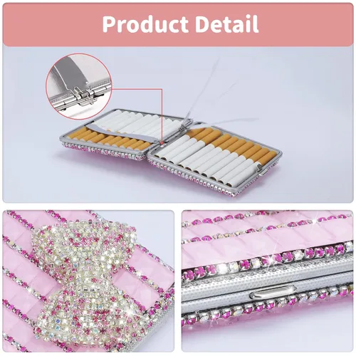 Vista 3 de Caja de cigarrillos de cristal Bling Estuche de bolsillo con soporte de almacenamiento de cigarrillos (rosa)