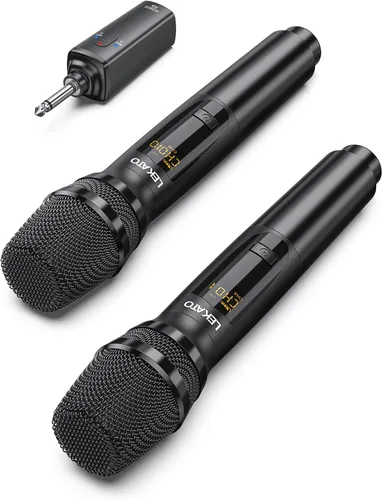 Vista 8 de LEKATO Micrófono inalámbrico, sistema de micrófono dinámico inalámbrico de mano dual recargable de 2.4 GHz con receptor de 1/4 pulgadas, micrófono