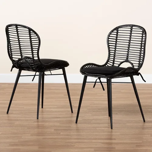 Vista 9 de Baxton Studio Brenna - Silla de comedor de ratán bohemia, color negro, 2 juegos (231-2P-12827-HT)