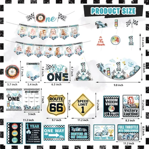 Vista 3 de Fast One - Decoraciones de cumpleaños para niños, 143 piezas de suministros de decoración de primera fiesta de carreras para bebé, pancarta