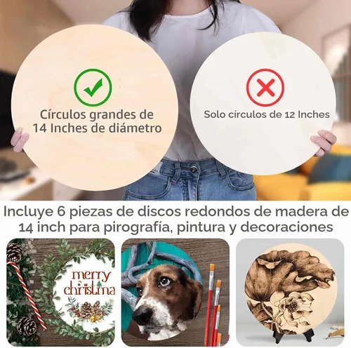 Vista 2 de Paquete de 6 círculos de madera de 14 pulgadas para manualidades, círculos de madera sin terminar letrero en blanco de madera, discos de madera