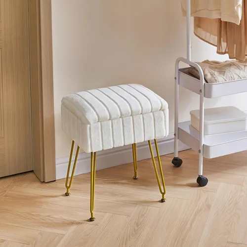 Vista 6 de IBUYKE Silla Taburete con Espacio de Almacenamiento, Reposapiés Taburete Otomano, Mesa Auxiliar Pequeña, con 4 Patas de Metal, con Pies Blanco