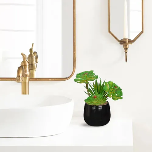 Vista 6 de Briful Plantas suculentas artificiales en maceta de cerámica, suculentas falsas con macetas negras, decoración moderna de escritorio para el hogar