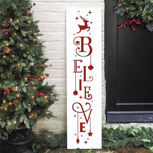 Vista 3 de Plantillas navideñas para pintar en madera, porche, plantilla navideña grande Believe Xmas Holiday para felpudos, cristal de ventanas, telas