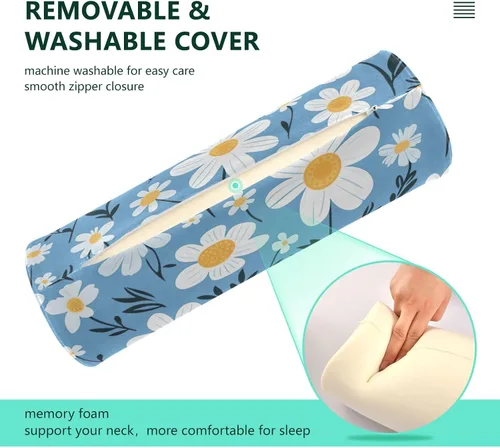 Vista 4 de Cervical Neck Roll, Daisy White Blue Round Pillow Washable Memory Foam Pillow, Bolster Pillow for Improved Sleeping, Travel, Home