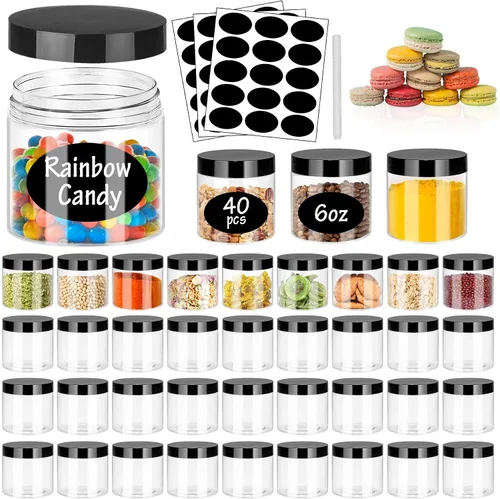 Vista 11 de SLifeJars Tarros de plástico transparente de 8 onzas, 24 frascos de comida redondos vacíos con tapas blancas, tarros de viaje de plástico