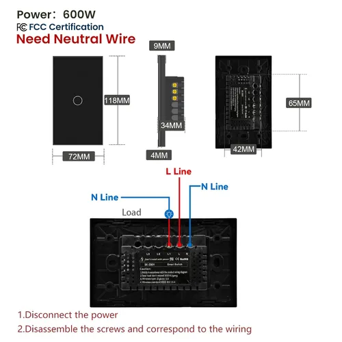 Vista 2 de Zigbee Switch necesita cable neutro necesita Zigbee Hub, negro 1 botón 4.65 X 2.83 X 1.34 Inches,Only 2.4GHz Wi-Fi,Voice Control,Work with