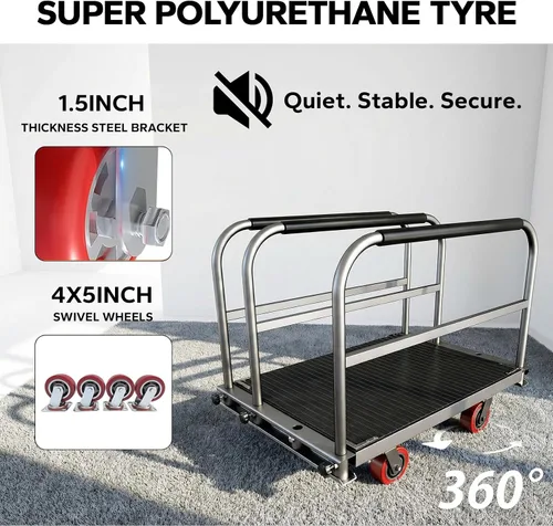 Vista 5 de Camión de panel resistente 2 en 1, carrito de plataforma de 36 x 24 pulgadas con alfombrilla de goma y 3 pasamanos, carrito de madera y paneles