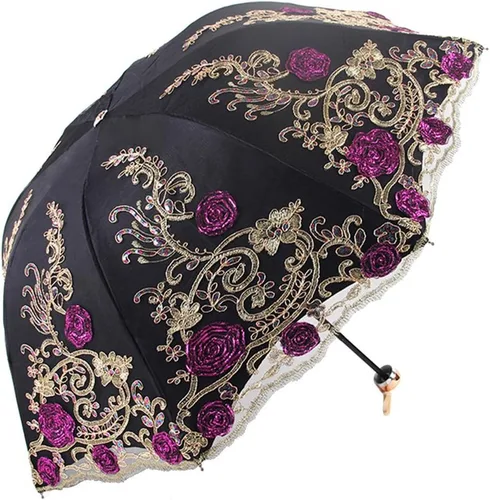 Vista 107 de Honeystore Sombrilla bordada con flor 3D plegable UV con encaje clásico