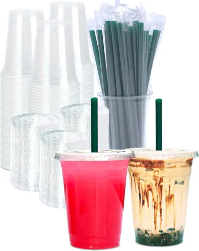 Vista 8 de [100 CONJUNTOS] Vasos de plástico transparente de 12 onzas con tapas y POPOTES, vasos desechables para café helado con tapas, vasos transparentes