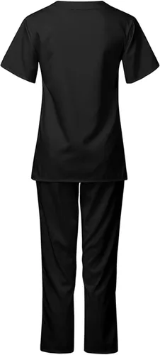 Vista 3 de Qliuoazw Conjunto de uniforme médico para enfermera, uniforme médico, sólido, elástico, traje de uniforme médico, cuello en V, bolsillo, camisas