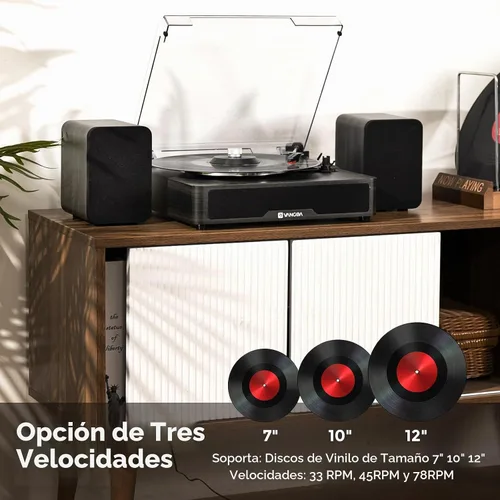 Vista 6 de VANGOA Tocadiscos de vinilo, tocadiscos de 3 velocidades con receptor Bluetooth, altavoces estéreo integrados, color negro
